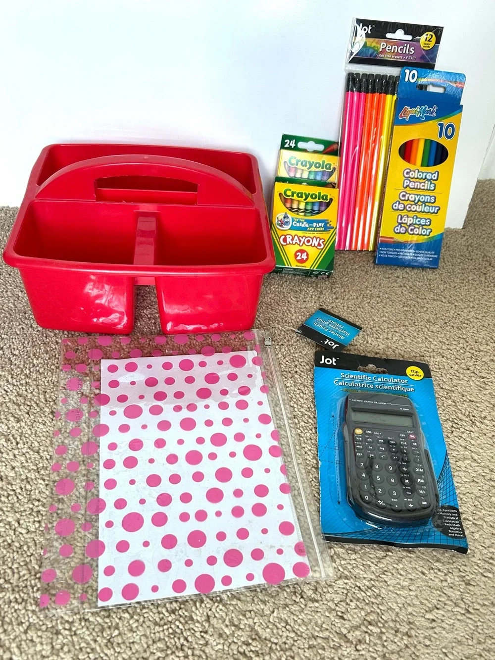 NEW Red Plastic Desk Caddy with School Supplies Crayons, Colored Pencils, etc